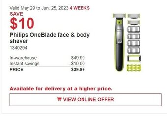 Costco Philips OneBlade face & body shaver offer