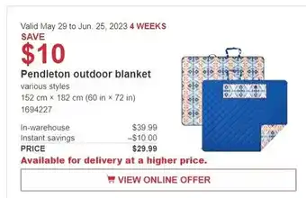 Costco Pendleton outdoor blanket various styles 152 cm x 182 cm (60 in x 72 in) offer