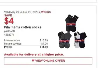 Costco Fila men's cotton socks pack of 8 offer