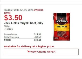 Costco Jack Link's teriyaki beef jerky 300 g offer