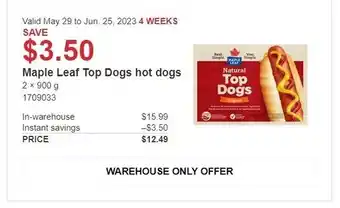 Costco Maple Leaf Top Dogs hot dogs 2 x 900 g offer