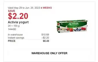Costco Activia yogurt 24 x 100 g offer