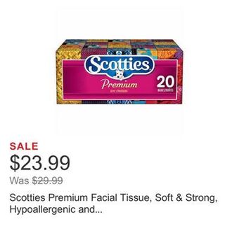 Costco Scotties premium facial tissue, soft & strong, hypoallergenic and dermatologist tested, 20-pack offer