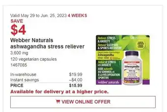 Costco Webber Naturals ashwagandha stress reliever 3,600 mg 120 vegetarian capsules 1467085 offer