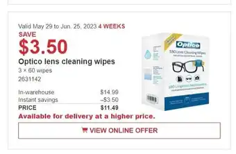 Costco Optico lens cleaning wipes 3 x 60 wipes offer
