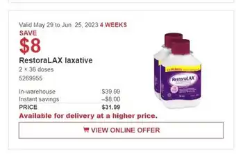 Costco RestoraLAX laxative 2 x 36 doses offer