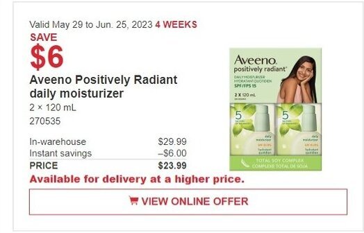 Costco Aveeno Positively Radiant daily moisturizer 2 x 120mL offer