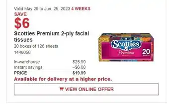 Costco Scotties Premium 2-ply facial tissues 20 boxes of 126 sheets 1446056 offer