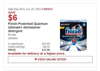 Costco Finish Powerball Quantum Ultimate+ dishwasher detergent 88 tabs offer