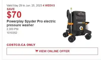 Costco Powerplay Spyder Pro electric pressure washer 2,300 PSI offer