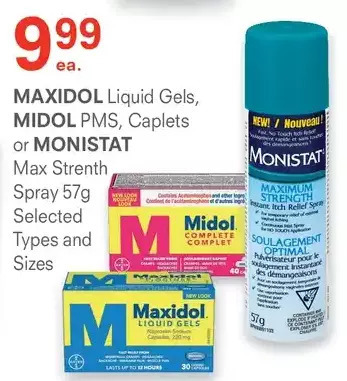 Guardian Pharmacy Maxidol liquid gels, midol pms, caplets or monistat max strenth optimal spray offer