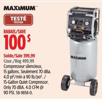 Canadian Tire MAXIMUM 15-Gallon Quiet Compressor. Only 70 dBA. 4.0 CFM @ 90 PSI. offer