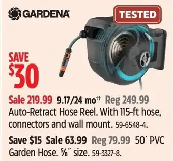 Canadian Tire GARDENA Auto-Retract Hose Reel. With 115-ft hose, connectors and wall mount. 59-6548-4. Save $15 Sale 63.99 Reg 79.99 50 offer