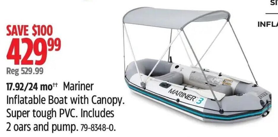 Canadian Tire 17.92/24 mot Mariner Inflatable Boat with Canopy. Super tough PVC. Includes 2 oars and pump. 79-8348-0. offer