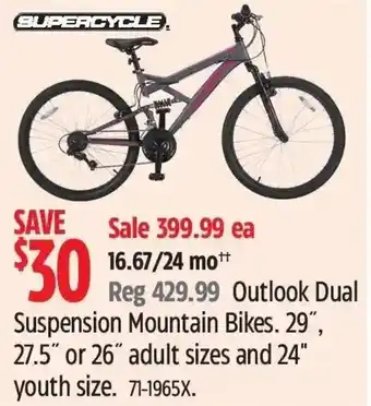 Canadian Tire SUPERCYCLE. Outlook Dual Suspension Mountain Bikes. 29", 27.5" or 26" adult sizes and 24" youth size. 71-1965X. offer