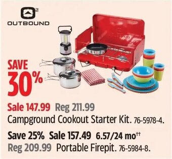Canadian Tire OUTBOUND Campground Cookout Starter Kit. 76-5978-4. Save 25% Sale 157.49 6.57/24 mot Reg 209.99 Portable Firepit. 76-5984-8. offer