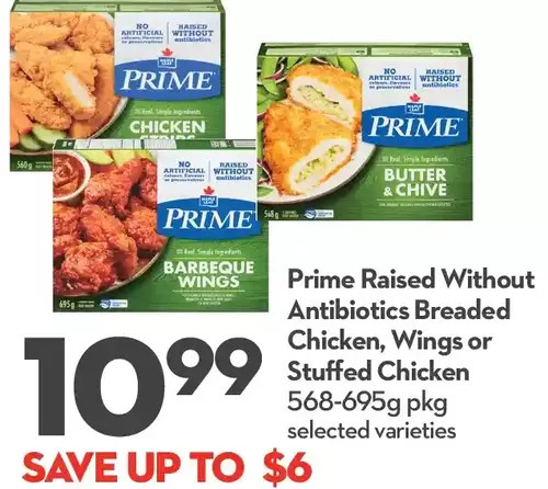 Longo's Prime raised without antibiotics breaded chicken, wings or stuffed chicken offer