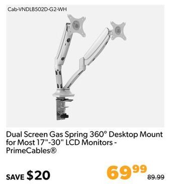 Shopper+ Dual screen gas spring 360° desktop mount for most 17-30 lcd monitors - primecables offer