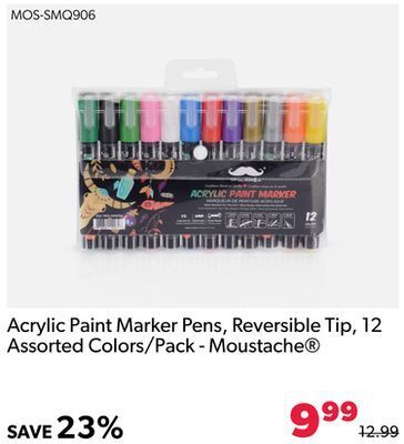 Shopper+ Acrylic paint marker pens, reversible tip, 12 assorted colors/pack - moustache offer