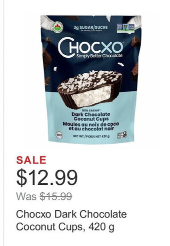 Costco Chocxo Dark Chocolate Coconut Cups, 420 g offer