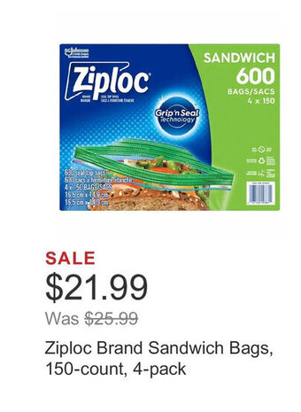Costco Ziploc Brand Sandwich Bags, 150-count, 4-pack offer