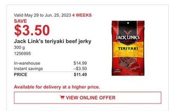 Costco Jack link's teriyaki beef jerky offer