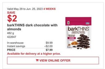 Costco Barkthins dark chocolate with almonds offer