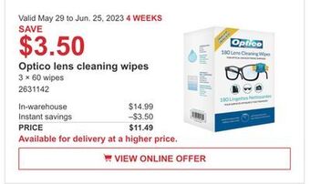 Costco Optico lens cleaning wipes offer