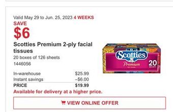 Costco Scotties premium 2-ply facial tissues offer