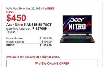 Costco Acer nitro 5 an515-78ct gaming laptop, i7-12700h offer