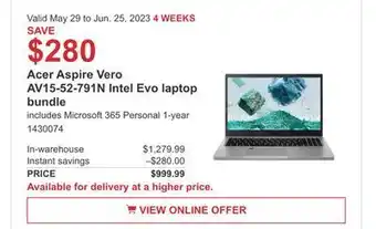 Costco Acer aspire vero av 15-52-791n intel evo laptop bundle offer