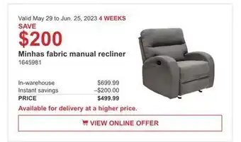 Costco Minhas fabric manual recliner offer