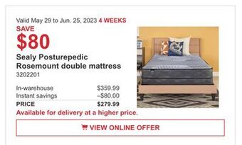 Costco Sealy posturepedic rosemount double mattress offer