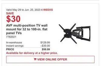 Costco Avf multi-position tv wall mount for 32 to 100-in. flat panel tvs offer