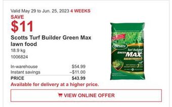 Costco Scotts turf builder green max lawn food offer