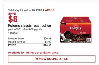 Costco Folgers classic roast coffee offer