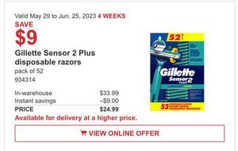 Costco Gillette sensor 2 plus disposable razors offer