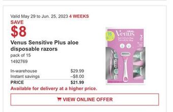 Costco Venus sensitive plus aloe disposable razors offer