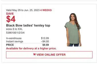 Costco Black bow ladies' henley top offer