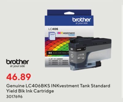 Staples Brother genuine lc406bks inkvestment tank standard yield blk ink cartridge offer