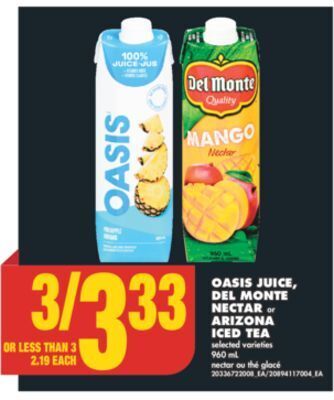 No Frills Oasis juice, del monte nectar or arizona iced tea, 960 ml offer