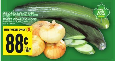 Food Basics Seedless cucumbers or sweet vidalia onions offer