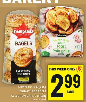 Food Basics Dempster's bagels or signature bagels or selection garlic bread offer