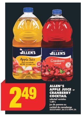 No Frills Allen's apple juice or cranberry cocktail, 1.89 l offer