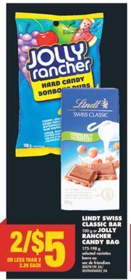 No Frills Lindt swiss classic bar, 100 g or jolly rancher candy bag, 175-198 g offer