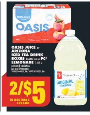No Frills Arizona iced tea drink boxes 8x200 ml or lemonade 1.89 l offer