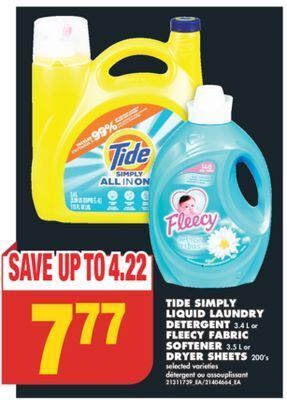 No Frills Tide simply liquid laundry detergent, 3.4 l or fleecy fabric softener, 3.5 l or dryer sheets, 200's offer