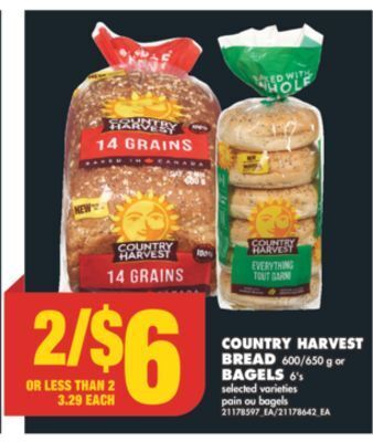 No Frills Country harvest bread, 600/650 g or bagels, 6's offer
