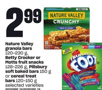 Loblaws Nature valley granola bars, 120-230 g, betty crocker or motts fruit snacks, 128-226 g, pillsbury soft baked bars, 150 g or ce offer