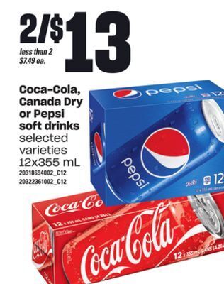Loblaws Coca-cola, canada dry or pepsi soft drinks,12x355 ml offer